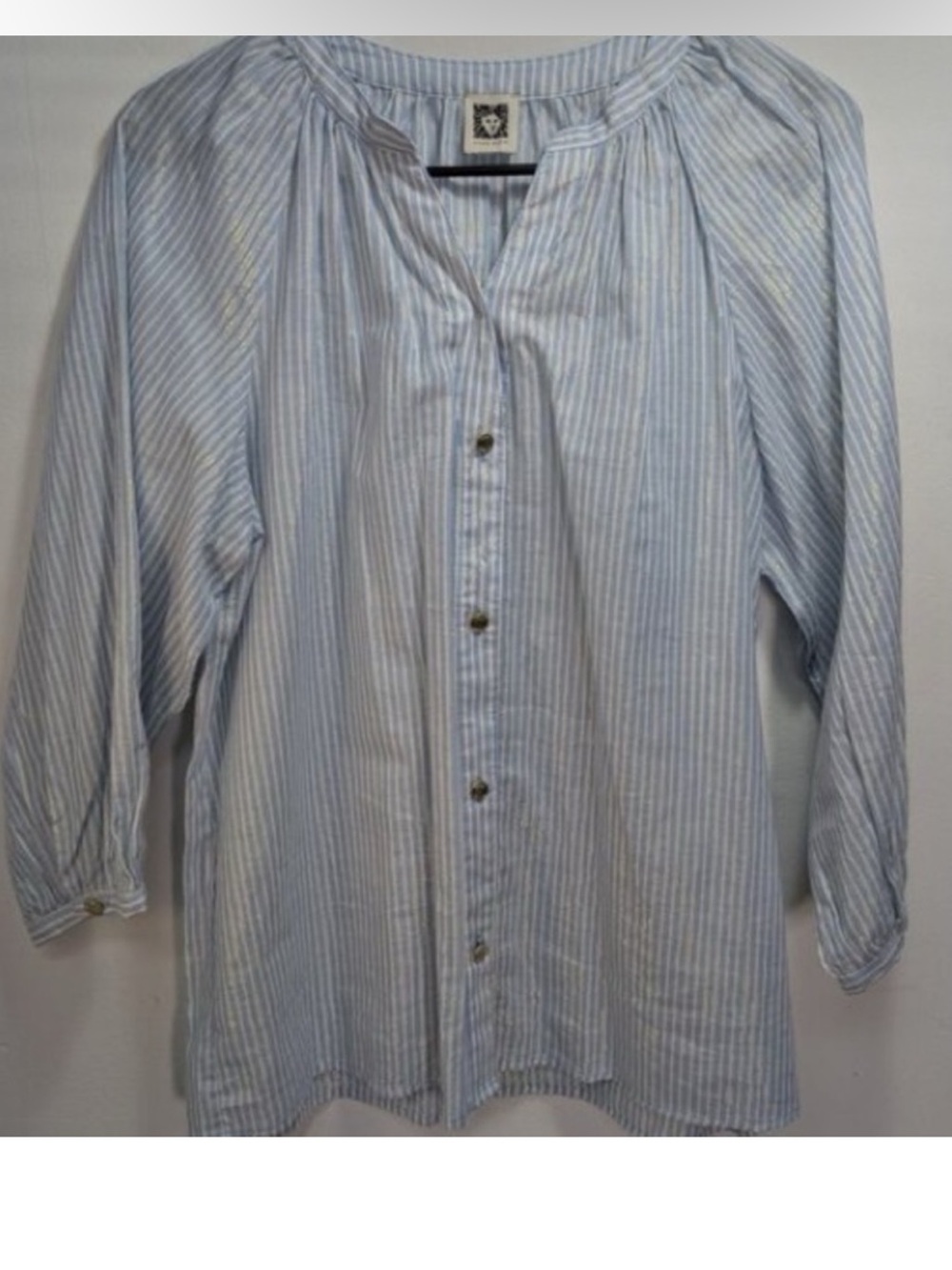 Anne Klein Light Blue & White Striped Blouse with Gold Thread